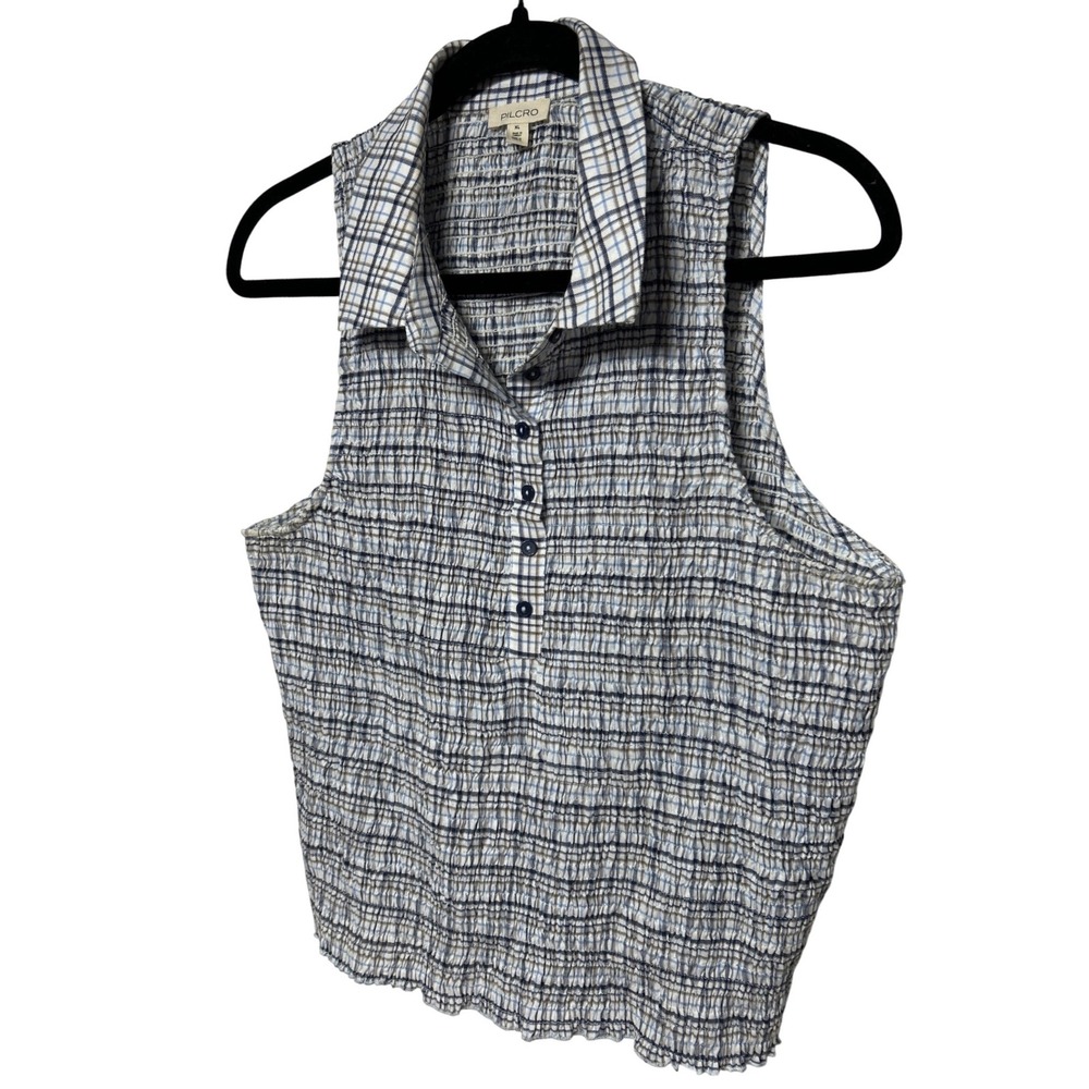 Pilcro Anthropologie Sleeveless Shirred Top Blue Plaid Size XL Retail: $88
